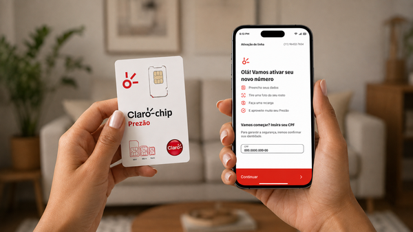 A hand holding a Claro prepaid SIM card next to a phone showing the line activation screen