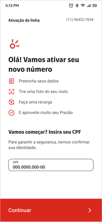 Activation screen asking for the customer's CPF before the flow begins