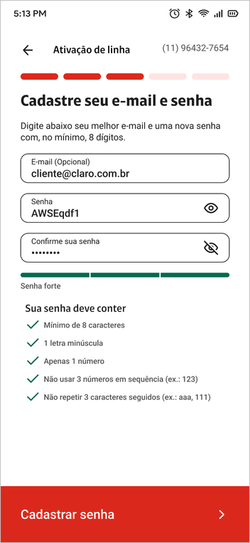 Screen where the customer creates their Minha Claro e-mail and password