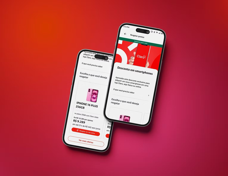 Two phones showing the Claro Clube smartphone discount offer and an iPhone 16 Plus redemption