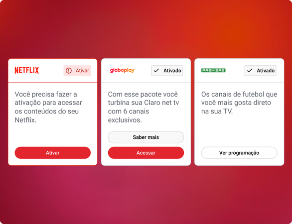 Three subscription cards showing activation status for Netflix, Globoplay and Premiere