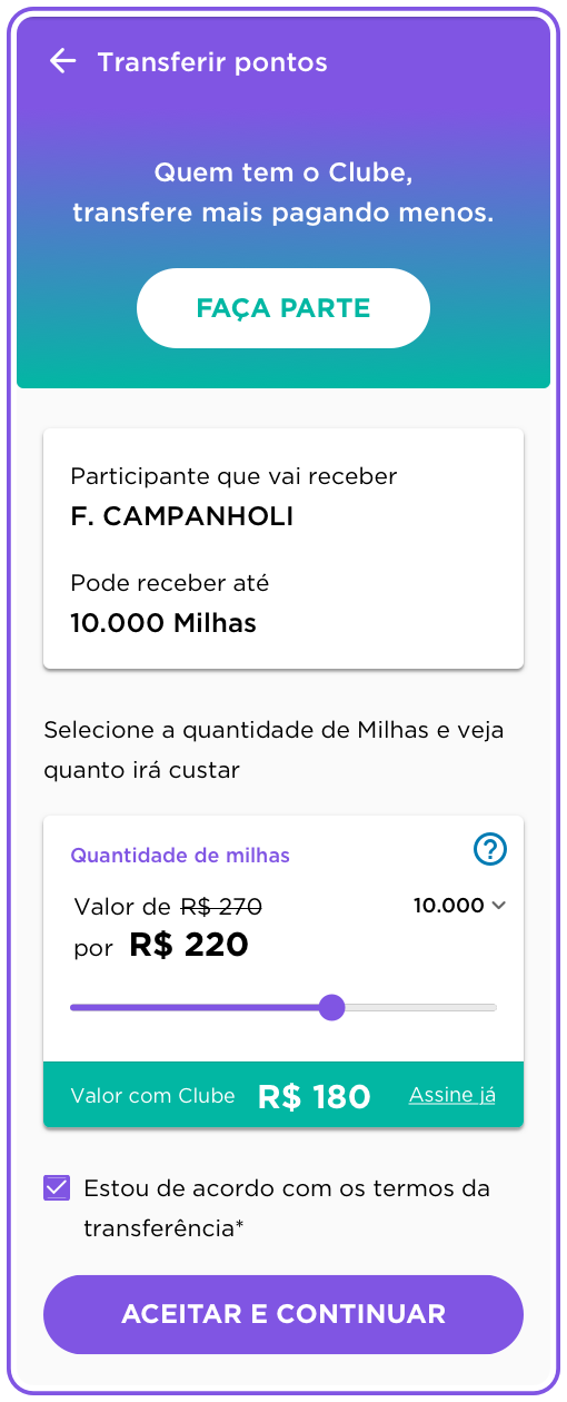 Mobile screen for transferring miles to another member, with a slider to choose the amount