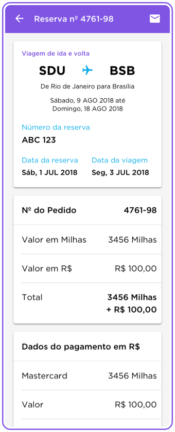 Mobile flight reservation screen showing a redeemed Rio de Janeiro to Brasília trip and its mile cost