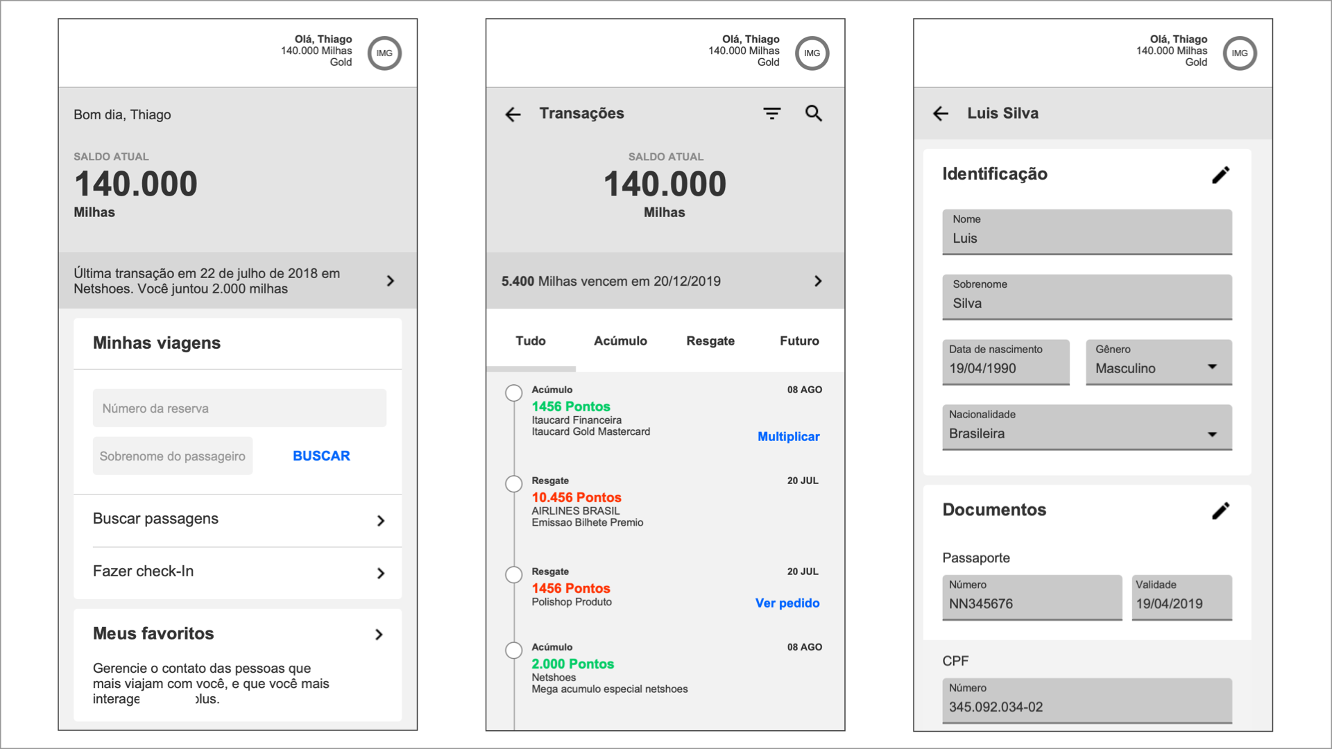 Three mobile wireframes for the Multiplus dashboard, transactions list and personal information screens