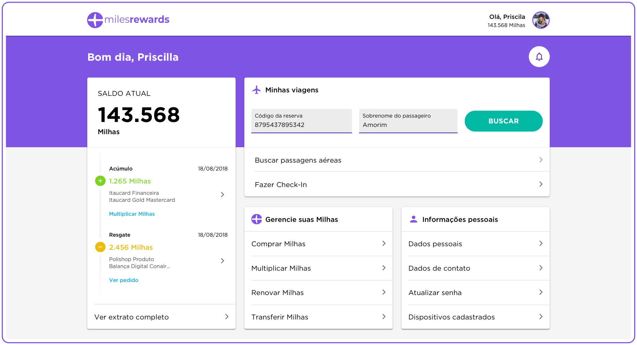 Desktop MilesRewards dashboard greeting the member with their current mile balance and quick links to trips and account management