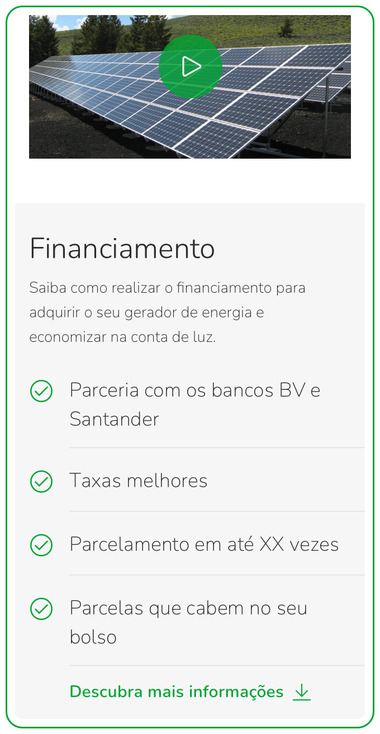 Mobile financing module listing bank partnerships and installment benefits, with a video thumbnail of a solar farm