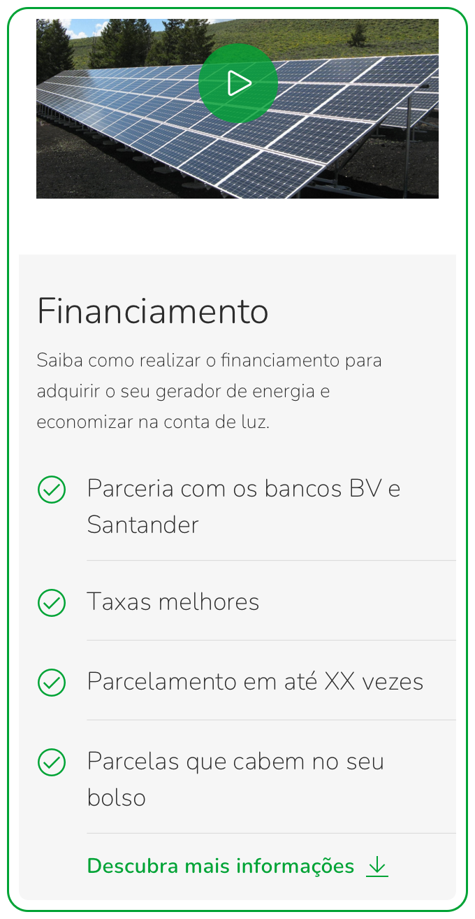 Mobile financing module listing bank partnerships and installment benefits, with a video thumbnail of a solar farm