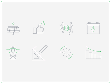 Custom icon set designed for the solar energy infographics, covering panels, connectivity, batteries and savings