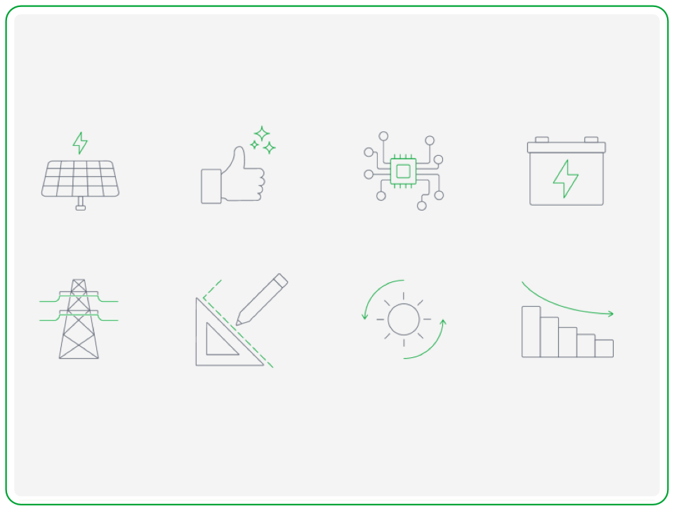 Custom icon set designed for the solar energy infographics, covering panels, connectivity, batteries and savings
