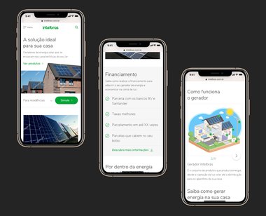 Three iPhone mockups showing the solar energy site's cover, financing module and interactive "how the generator works" infographic