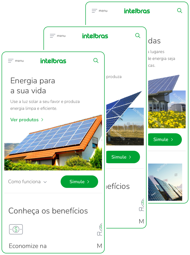 Three stacked mobile screens of the Intelbras Solar Energy microsite, opening with the "Energia para a sua vida" hero and a Simule call to action