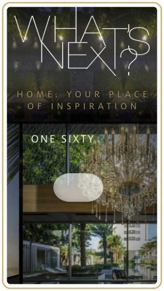 Mobile hero of the campaign, the wordmark above the One Sixty development card and its chandelier render