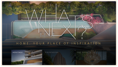 Desktop screenshot of the "What's Next?" campaign landing page, an aerial night render of a rooftop pool with the campaign wordmark and links to the Heritage, Pininfarina and One Sixty developments