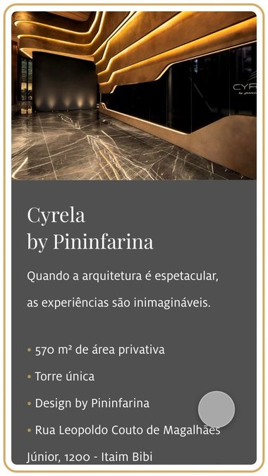 Mobile Cyrela by Pininfarina detail page, the opening frame of the scroll through the development