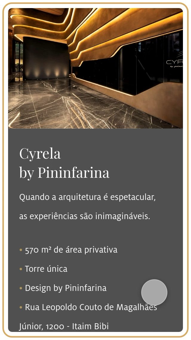 Mobile Cyrela by Pininfarina detail page, the opening frame of the scroll through the development