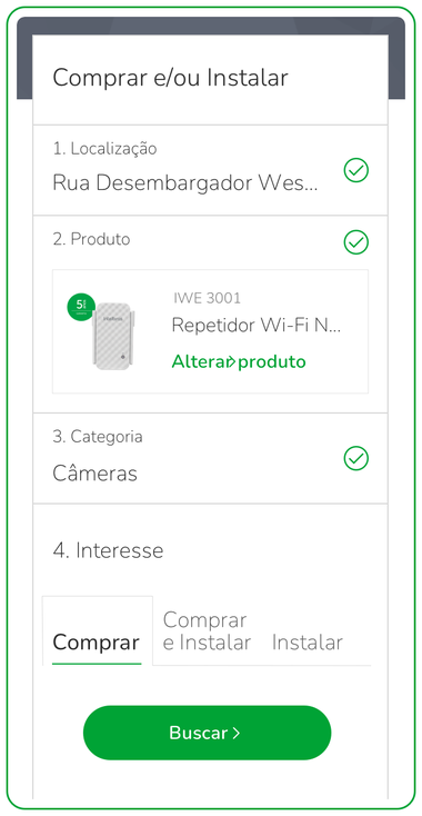 Mobile screen of the Where to find flow with location, product, category and interest already filled in, ready to search