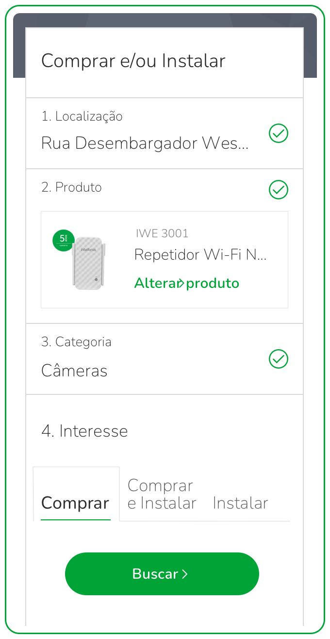 Mobile screen of the Where to find flow with location, product, category and interest already filled in, ready to search