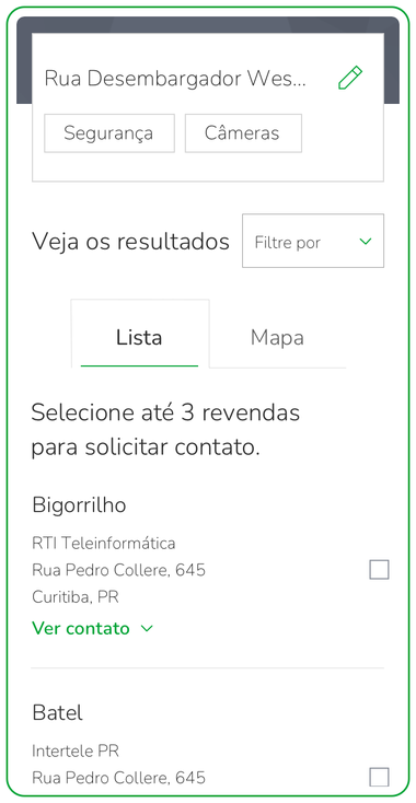 Mobile results screen listing nearby resellers with a prompt to select up to three