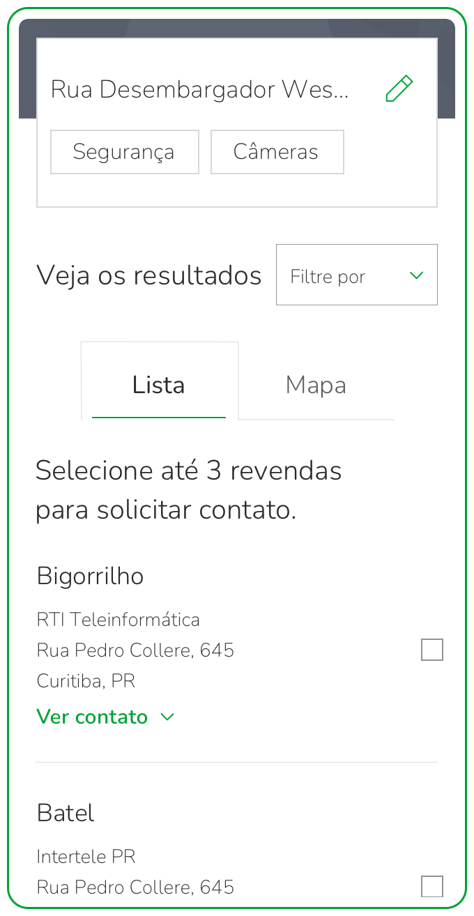 Mobile results screen listing nearby resellers with a prompt to select up to three