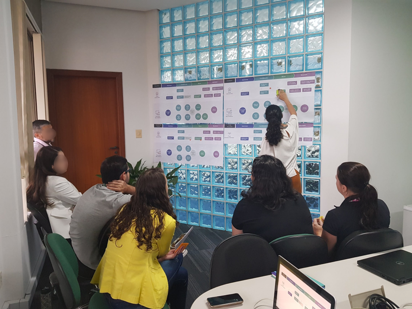 In-person stakeholder workshop, the team mapping the buy-or-install journey on a wall of sticky notes