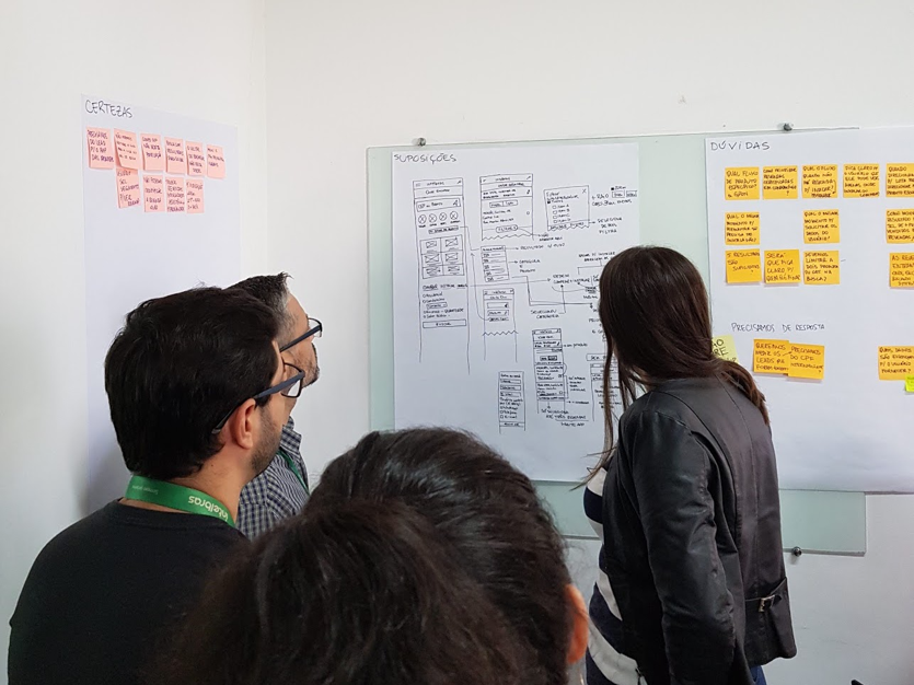 Two team members reviewing a whiteboard sketch of the flow during the stakeholder workshop
