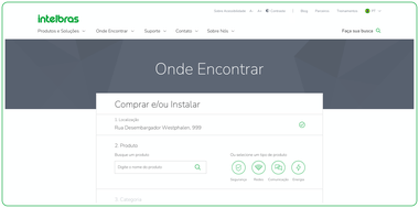 Screenshot of the Intelbras "Onde Encontrar" page, showing the location, product and category steps of the unified buy-or-install search