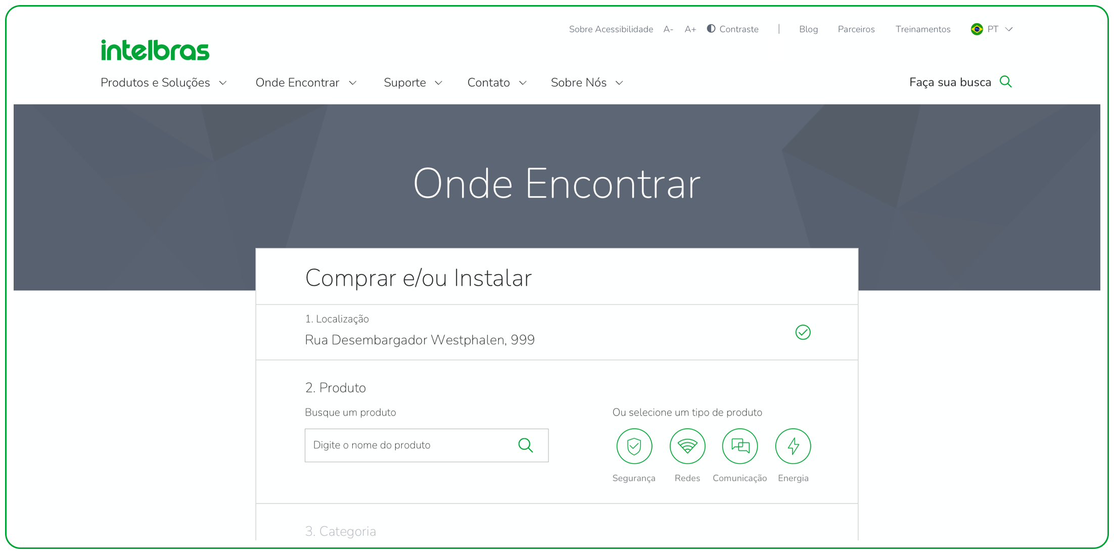 Screenshot of the Intelbras "Onde Encontrar" page, showing the location, product and category steps of the unified buy-or-install search