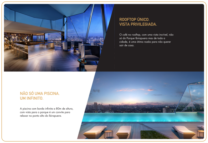 Desktop section on the rooftop lounge and infinity pool, split between an interior render and a sunset pool render