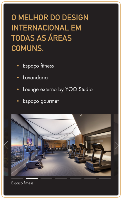 Mobile amenities section listing the fitness space, laundry, lounge and gourmet area, with a carousel image of the fitness room