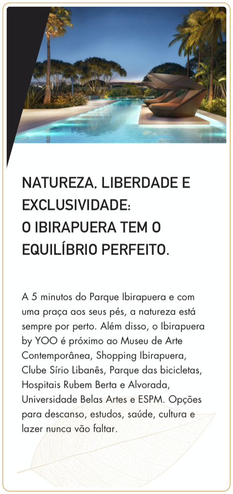Mobile section on the development's location by Ibirapuera Park, with a render of the pool deck at dusk