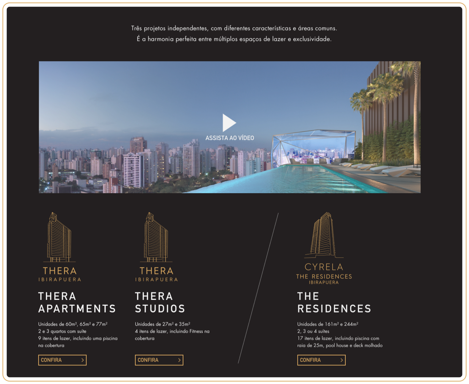 Desktop section introducing the three independent towers, Thera Apartments, Thera Studios and The Residences, above a video thumbnail of the rooftop pool