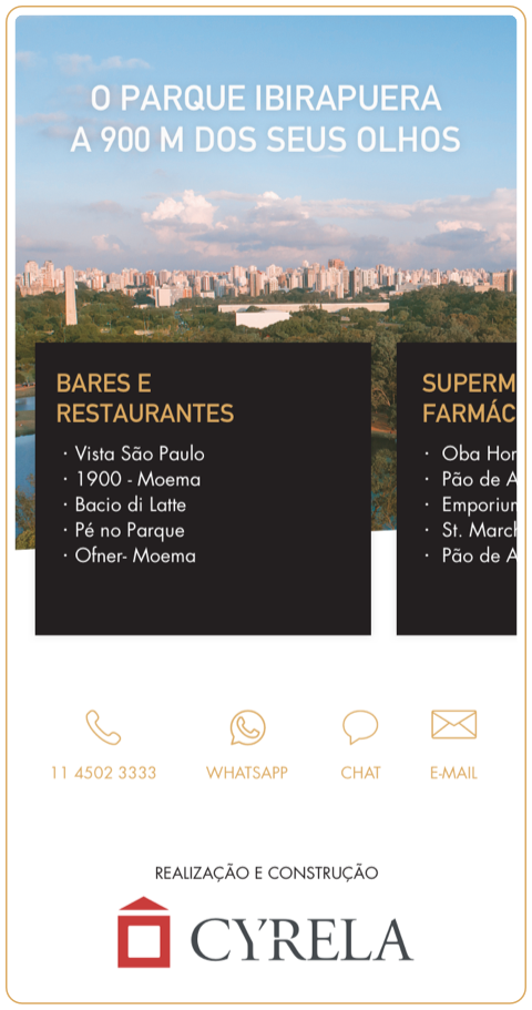 Mobile section mapping nearby restaurants and services around Ibirapuera Park, with contact channels and the Cyrela footer