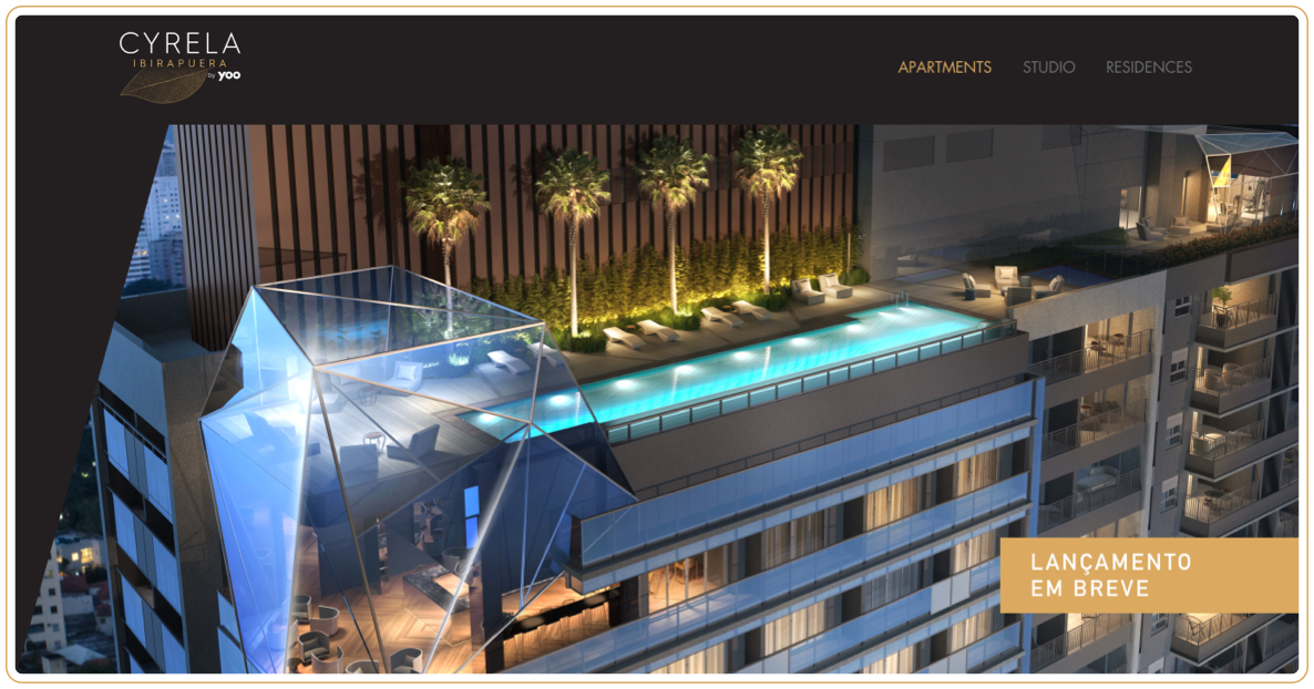 Night render of the Ibirapuera by YOO rooftop pool, the hero of the hotsite with the Cyrela and YOO branding