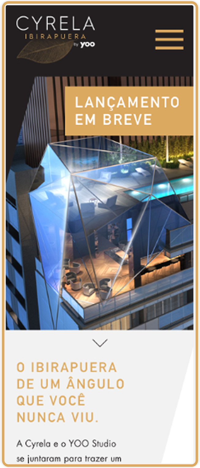 Mobile hero of the Ibirapuera by YOO hotsite, the same rooftop pool render under a "Lançamento em breve" banner